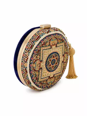 Navy Blue Mandala Embellished Round Clutch Bag with Gold Tassel 1