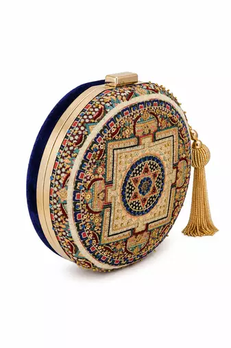 Navy Blue Mandala Embellished Round Clutch Bag with Gold Tassel