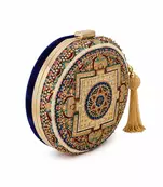 Navy Blue Mandala Embellished Round Clutch Bag with Gold Tassel