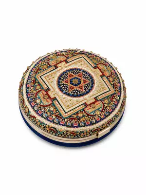 Navy Blue Mandala Embellished Round Clutch Bag with Gold Tassel 2