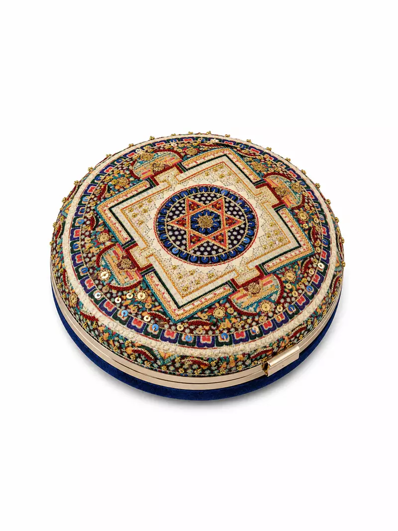 Navy Blue Mandala Embellished Round Clutch Bag with Gold Tassel