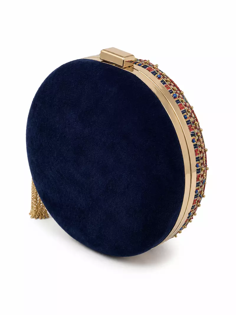 Navy Blue Mandala Embellished Round Clutch Bag with Gold Tassel