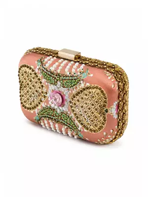 Brown Jewel-Inspired Embellished Clutch Bag with Pearl & Gold Detail 1