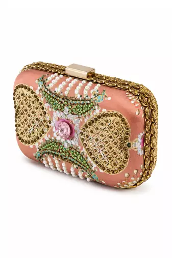Brown Jewel-Inspired Embellished Clutch Bag with Pearl & Gold Detail