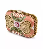 Brown Jewel-Inspired Embellished Clutch Bag with Pearl & Gold Detail