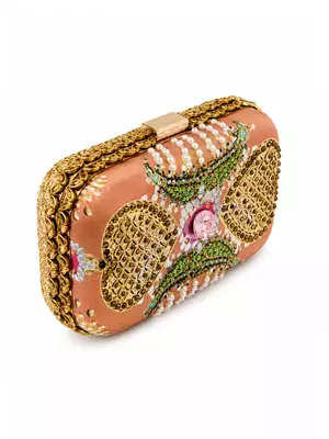 Brown Jewel-Inspired Embellished Clutch Bag with Pearl & Gold Detail 2