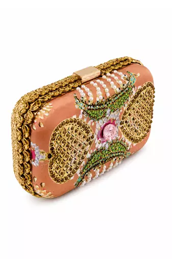 Brown Jewel-Inspired Embellished Clutch Bag with Pearl & Gold Detail