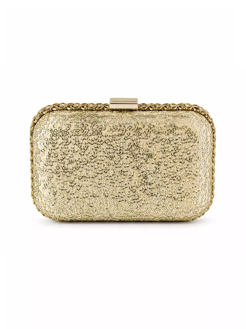 Brown Jewel-Inspired Embellished Clutch Bag with Pearl & Gold Detail