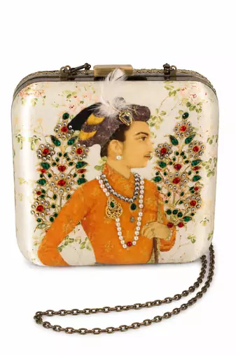 Indian Prince Portrait Embellished Clutch Bag with Gold Detail