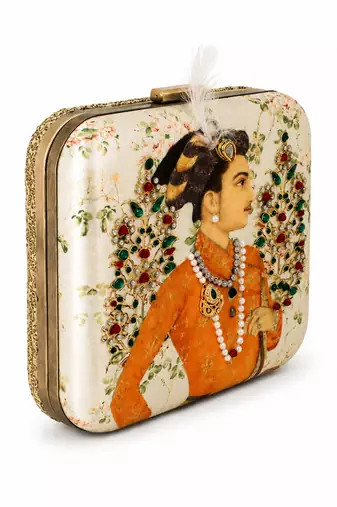 Indian Prince Portrait Embellished Clutch Bag with Gold Detail