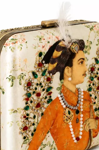 Indian Prince Portrait Embellished Clutch Bag with Gold Detail