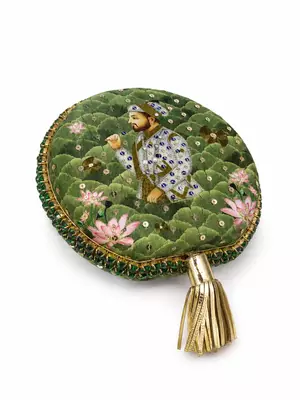 Green Lotus Print Round Clutch Bag with Shehzada Portrait & Tassel 1