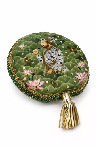 Green Lotus Print Round Clutch Bag with Shehzada Portrait & Tassel