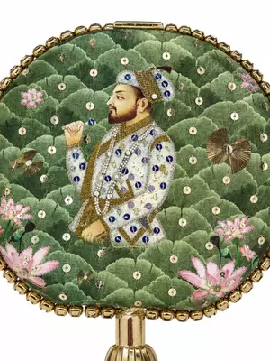 Green Lotus Print Round Clutch Bag with Shehzada Portrait & Tassel 2