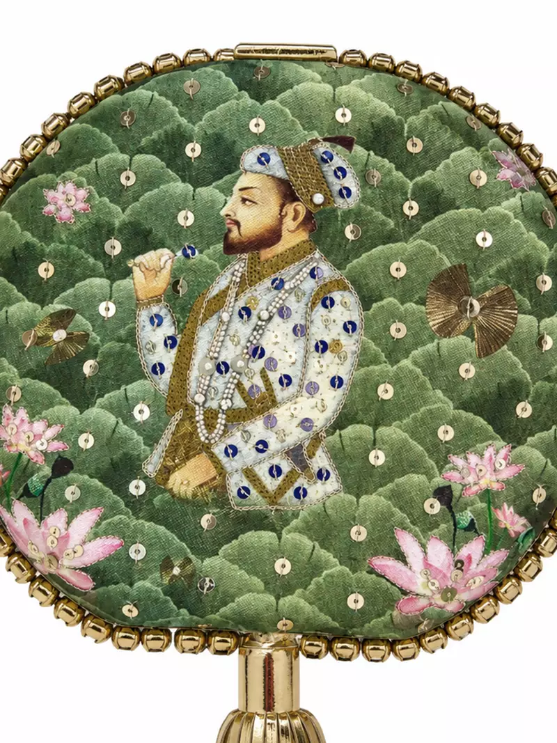 Green Lotus Print Round Clutch Bag with Shehzada Portrait & Tassel