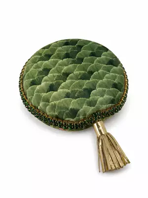 Green Lotus Print Round Clutch Bag with Shehzada Portrait & Tassel 4