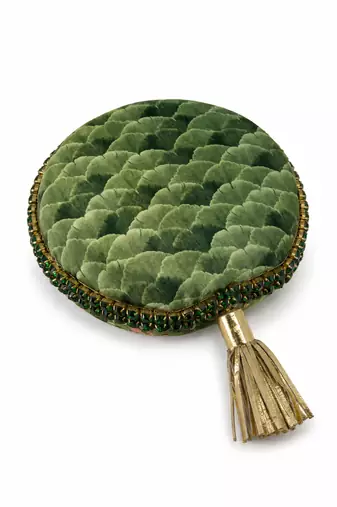Green Lotus Print Round Clutch Bag with Shehzada Portrait & Tassel