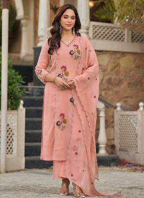 Peach Floral Embroidered Pakistani Suit with Designer Dupatta 2