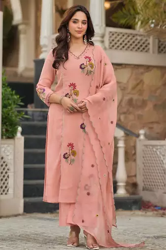 Peach Floral Embroidered Pakistani Suit with Designer Dupatta