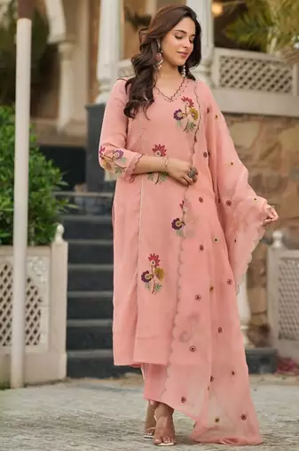 Peach Floral Embroidered Pakistani Suit with Designer Dupatta