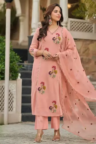 Peach Floral Embroidered Pakistani Suit with Designer Dupatta