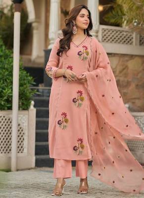 Peach Floral Embroidered Pakistani Suit with Designer Dupatta 5