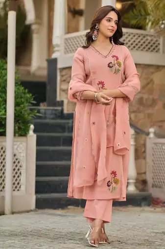 Peach Floral Embroidered Pakistani Suit with Designer Dupatta
