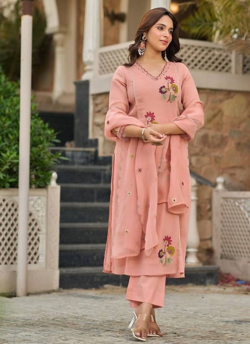 Peach Floral Embroidered Pakistani Suit with Designer Dupatta