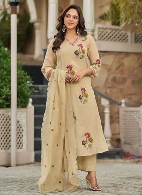 Elegant Beige Floral Embroidered Pakistani Suit with Designer Dupatta 1