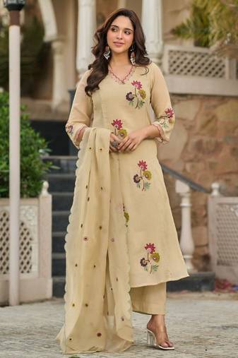 Elegant Beige Floral Embroidered Pakistani Suit with Designer Dupatta