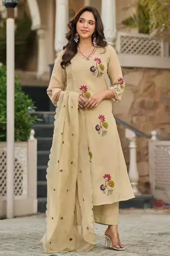 Elegant Beige Floral Embroidered Pakistani Suit with Designer Dupatta