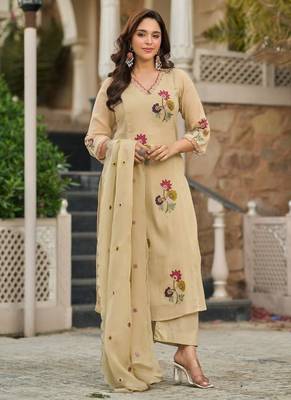 Elegant Beige Floral Embroidered Pakistani Suit with Designer Dupatta 2