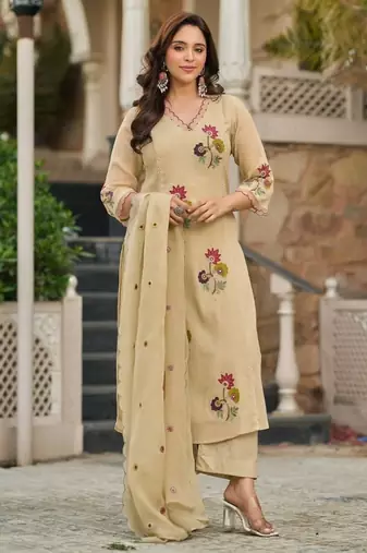 Elegant Beige Floral Embroidered Pakistani Suit with Designer Dupatta