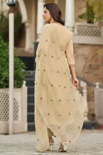 Elegant Beige Floral Embroidered Pakistani Suit with Designer Dupatta