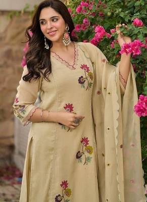 Elegant Beige Floral Embroidered Pakistani Suit with Designer Dupatta 4