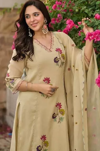 Elegant Beige Floral Embroidered Pakistani Suit with Designer Dupatta