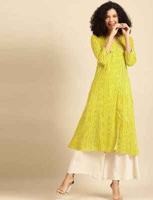 Women lime green & off white bandhani screen print cotton angrakha kurta 2