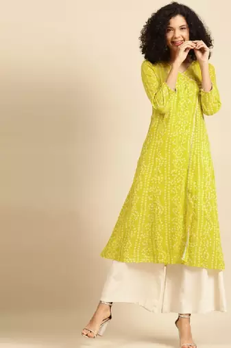 Women lime green & off white bandhani screen print cotton angrakha kurta