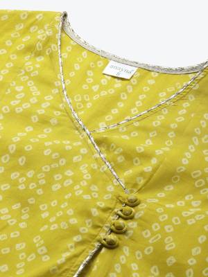 Women lime green & off white bandhani screen print cotton angrakha kurta 3