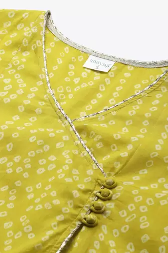 Women lime green & off white bandhani screen print cotton angrakha kurta