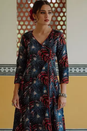 Women black & red pure cotton ethnic motifs printed angrakha kurta