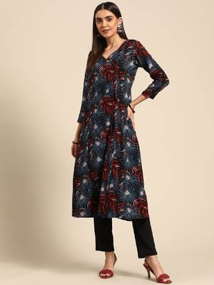 Women black & red pure cotton ethnic motifs printed angrakha kurta 2