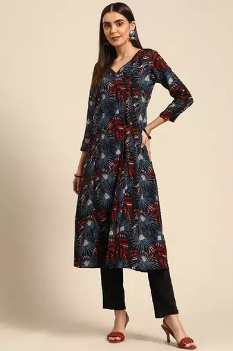Women black & red pure cotton ethnic motifs printed angrakha kurta