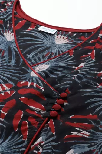 Women black & red pure cotton ethnic motifs printed angrakha kurta