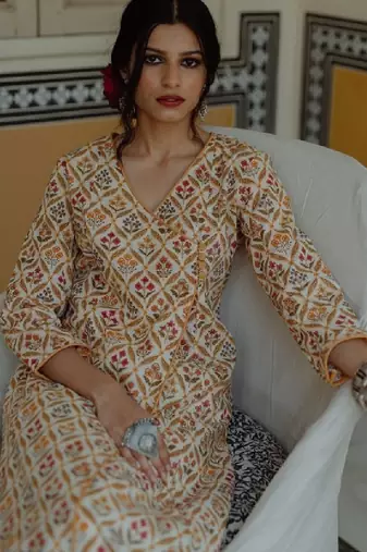 Women white & beige pure cotton ethnic motifs printed angrakha kurta