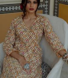 Women white & beige pure cotton ethnic motifs printed angrakha kurta
