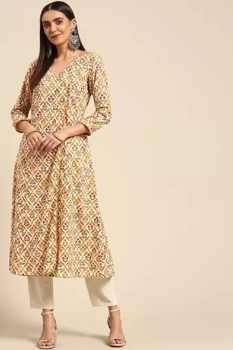 Women white & beige pure cotton ethnic motifs printed angrakha kurta