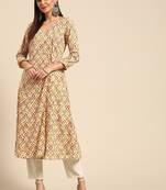 Women white & beige pure cotton ethnic motifs printed angrakha kurta