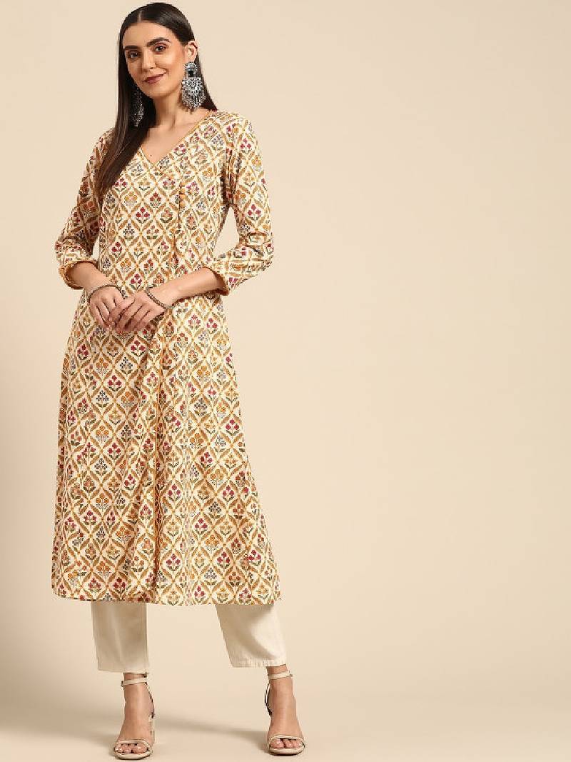 Women white & beige pure cotton ethnic motifs printed angrakha kurta