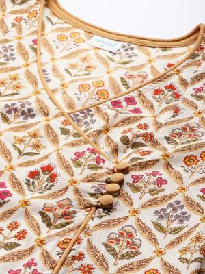 Women white & beige pure cotton ethnic motifs printed angrakha kurta 3